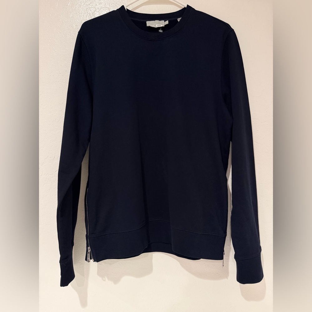 VINCE Navy Blue French Terry Side Zip Crew Neck Size S 100% Cotton